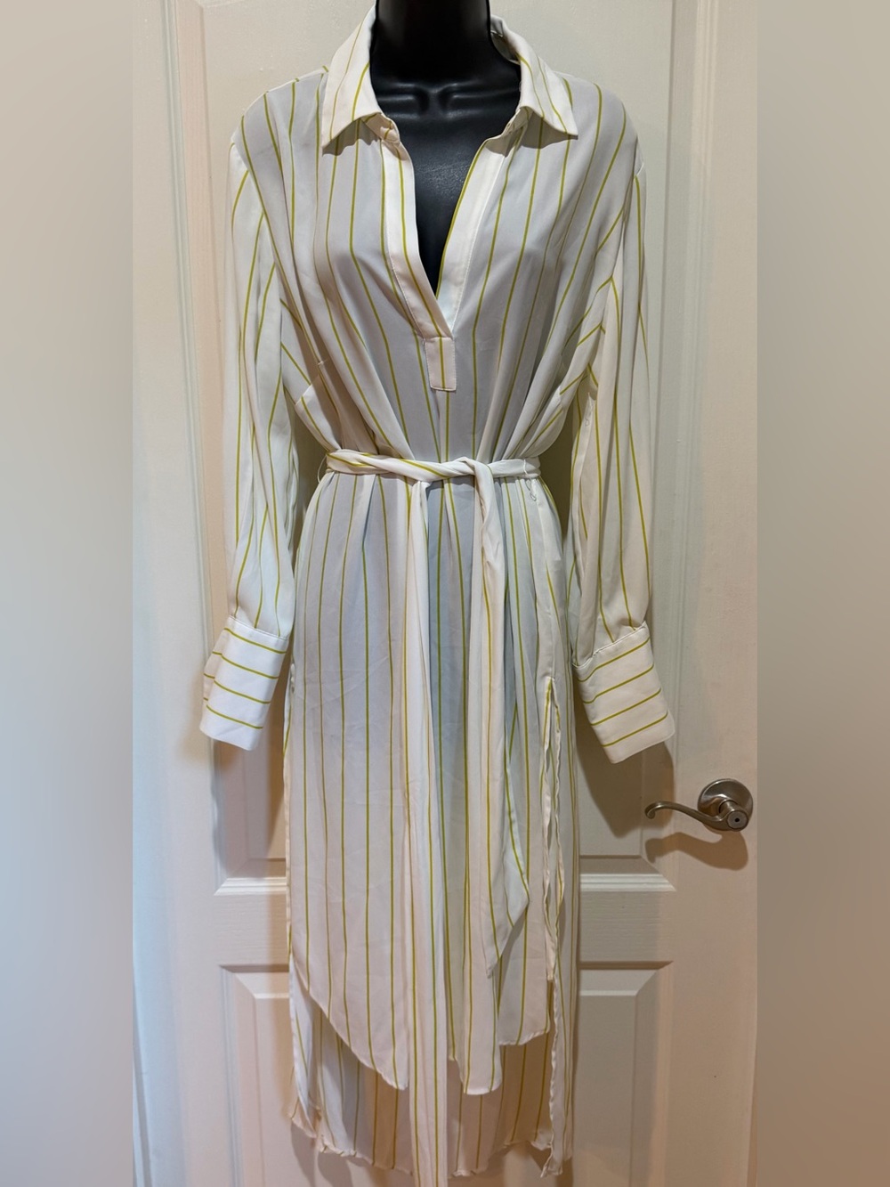 NWT New York & Company White and Yellow Striped Midi Shirt Dress size L - Picture 3 of 5